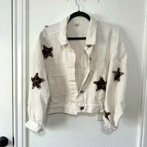 Very cute white Jean jacket with leopard stars